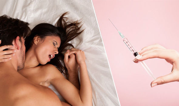 Collage of couple having intimate moment and Vampire Vagina injection