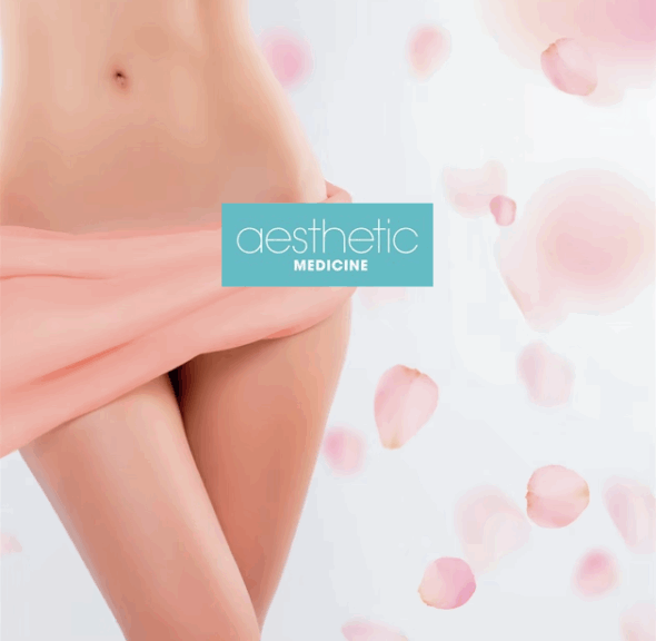 Aesthetic Medicine logo against background of woman's covered lower half